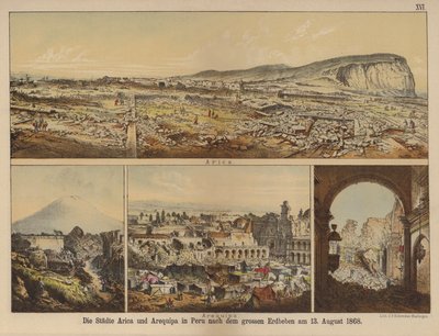 1868年8月13日の大地震の後のペルーのアリカとアレキパの街（カラーリトグラフ 作： German School