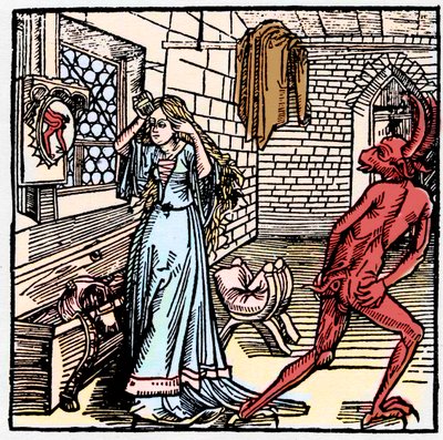 鏡で自分を褒める女性は、悪魔の後姿が映っているだけ-虚栄心の象徴-浮気性の女性に対する悪魔の不遜な行動-騎士マルカール・フォム・シュタインの「ターンのリッター」にて 作： German School