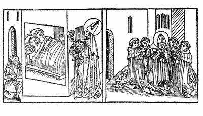 目覚めた聖ニコラウスの人生。Voragine（1228-1298）のJacobus（James）による「Leben der Heiligen - sommerteil」（聖人の書）からのエングレーヴィング。リュベック1488年 作： German School