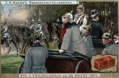 1895年3月26日、ドイツのフリードリヒスールーで、オットー・フォン・ビスマルク首相（1815-1898）の前を通過するプロイセン軍の軍人たち。クロモリトグラフ、19世紀後半。 作： German School