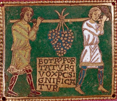 カナン（約束の地）の巨大な葡萄の房を持ったヨスエとカレブの帰還（「The return of Joshua and Caleb of Canaan (the Promised Land) with a bunch of grapes」）。 作： German School