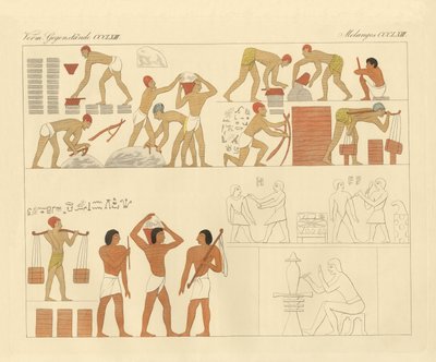 エジプト上層部の墓にある3000年前の絵に描かれた、エジプトにおけるユダヤ人の隷属の様子（彩色された彫刻）。 作： German School