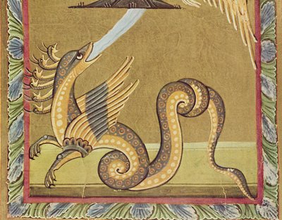 七頭の竜は水を急流で吐き出すことで女性に危害を加えようとする、バンベルク黙示録の複製 作： German School