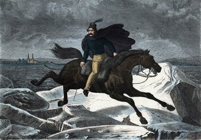 ドナウ川の氷の上を馬のタルタルに乗って疾走するサンドールの物語。フランツ・ヴィーデマンのドイツの物語「Wenn Jemand eine Reise thut, so kann er was erzahlen（誰かが旅をすると、これが彼の伝えることができる）」の中では 作： German School