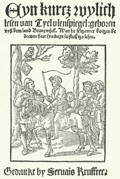 Servais Kruffterによって印刷されたTill Eulenspiegelの最古の低ドイツ版のタイトルページ（エングレービング 作： German School