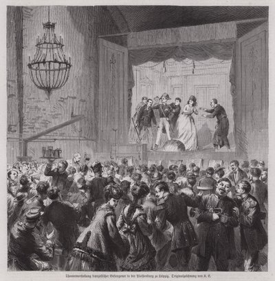 ドイツ・ライプツィヒのプレイセンブルグで行われた普仏戦争のフランス人捕虜による演劇公演（エングレーヴィング 作： German School