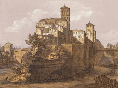 イタリア、ローマ、テヴェレ島（カラーリトグラフ） 作： German School