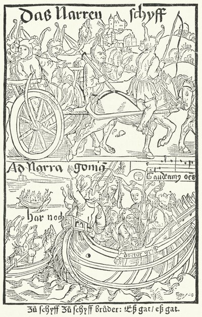 1491年にバーゼルでJohann Bergmann von Olpeによって印刷されたSebastian Brantの「Ship of Fools」の初版のタイトルページ（エングレーヴィング）。 作： German School