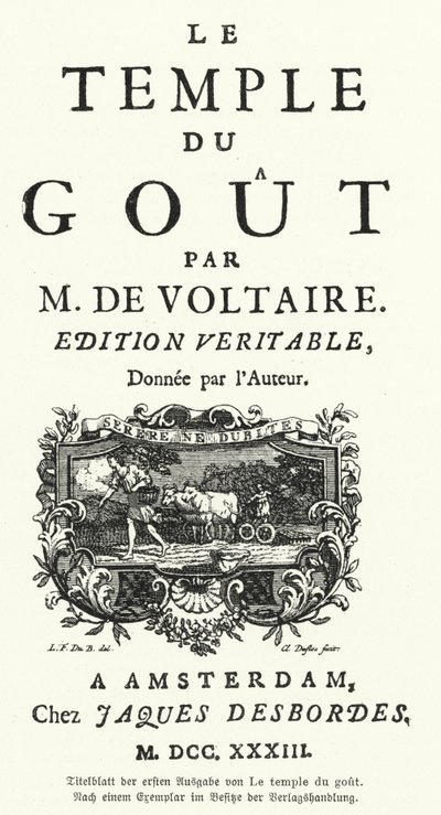 フランスの作家・哲学者ヴォルテールの『Le Temple du Gout』初版のタイトルページ 作： German School