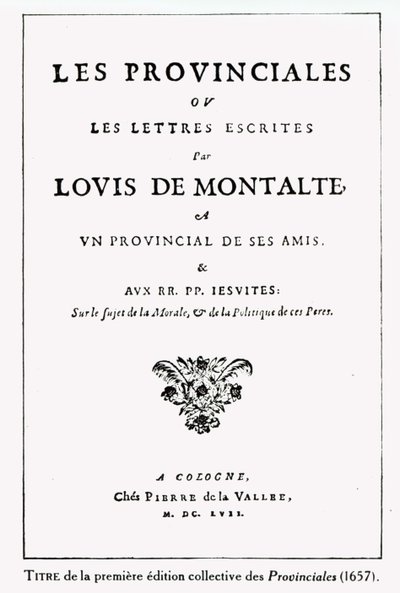 ブレーズパスカル（1623-62）によるLes Provincialesのタイトルページ、アムステルダム、1657年（紙にインク） 作： German School