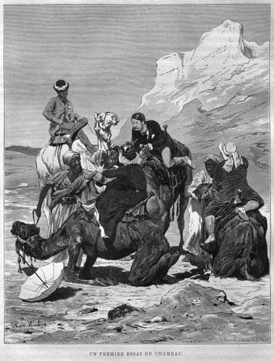 ゲオルクモリッツエバースのLEgypte（1837-98）、1881（bw engraving）から戻ってラクダに乗った観光客 作： German School