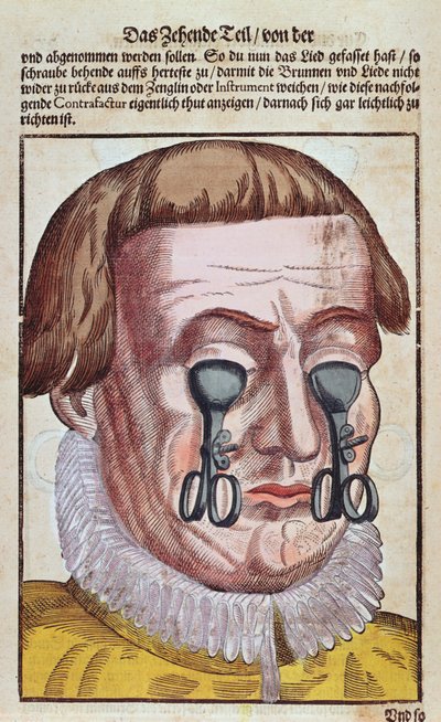 眼の状態の治療、1583年にドレスデンで出版されたGeorg Bartisch（1535-1636）によるOphthalmodouleiaから（カラー木版画） 作： German School