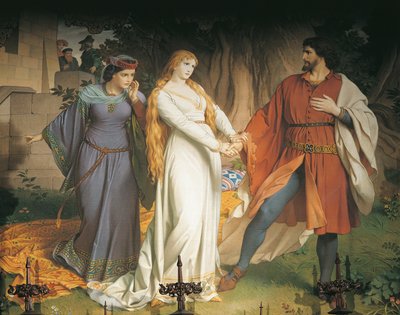 トリスタンとイゾルデが最後に密会するが、その密会が裏切られ、マルク王がトリスタンに毒の槍で傷を負わせる「寝室」（壁画 作： German School