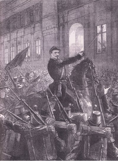 ホテル・ドゥ・ヴィルの外で国民衛兵を集結させるトロチュ 1890年頃、Cassell and Company Limited発行のCassells History of the War between France and Germany (litho) 作： German School