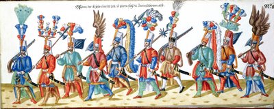 オスマン帝国のスルタンの裁判所に関連するイラストのコレクションからのトルコのジャニサリ、1600年頃（紙にwc） 作： German School
