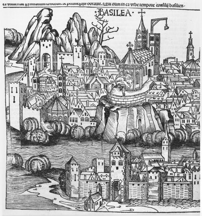 バーゼルの眺め、ハルトマンシェデル（1440-1514）1493によるニュルンベルク年代記のイラスト 作： German School