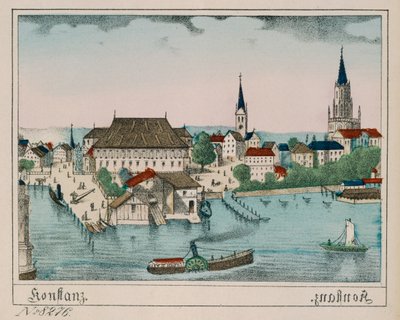Neuruppiner Bilderbogen、1830年からの港、コンジル、大聖堂を示すコンスタンスのビュー 作： German School