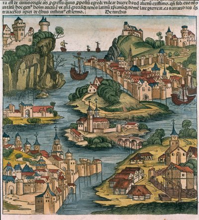 ニュルンベルク年代記から黒海から入るボスポラス海峡の眺め、Hartmann Schedel（1440-1514）1493（woodblock） 作： German School