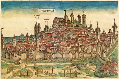 ニュルンベルク年代記、1493年に発表されたNurembergaの街の眺め 作： German School
