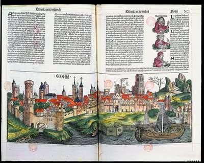 ケルンの町の眺め、ニュルンベルク年代記、ハルトマンシェデル作、1493年（色の木版画） 作： German School