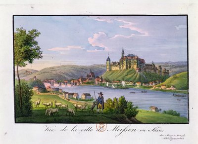 マイセンの町の眺め、クリスチャンサミュエルハンネマン（1755-1843）の生誕地（カラー彫刻） 作： German School