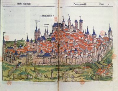 ニュルンベルクのクロニクルからのニュルンベルクの町の眺めHartmann Schedel（1440-1514）1493（color woodcut） 作： German School
