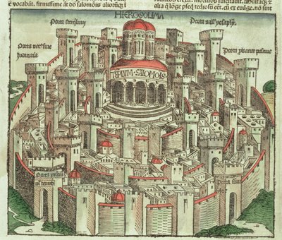 Hartmann Schedel（1440-1514）1493によるニュルンベルク年代記からのソロモンの神殿と城門を示すエルサレムの城壁に囲まれた都市の眺め 作： German School