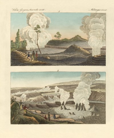 ハワイ島の火山（彩色済み彫刻 作： German School