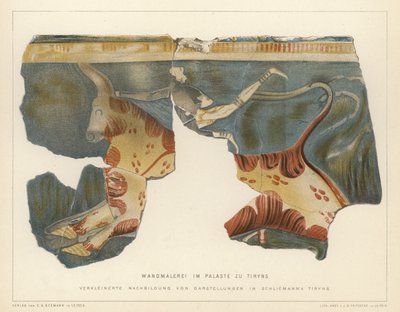 ドイツ人考古学者ハインリッヒ・シュリーマンが発掘したギリシャ・ティリンスのミケーネ宮殿の壁画（カラーリトグラフ 作： German School