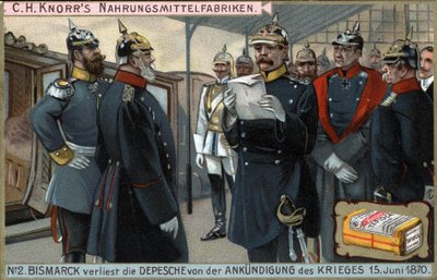 1870年の戦争。プロイセンのオットー・フォン・ビスマルク将軍（1815-1898）は、6月15日に宣戦布告を読み上げました。 作： German School