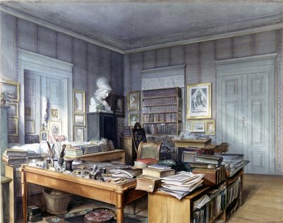 ウィルヘルム・グリム（1786-1859）のベルリンの仕事場、リンクシュトラーセ7番地。ホフマン氏が描いたもの。ニュルンベルクの国立博物館。1860. 作： German School