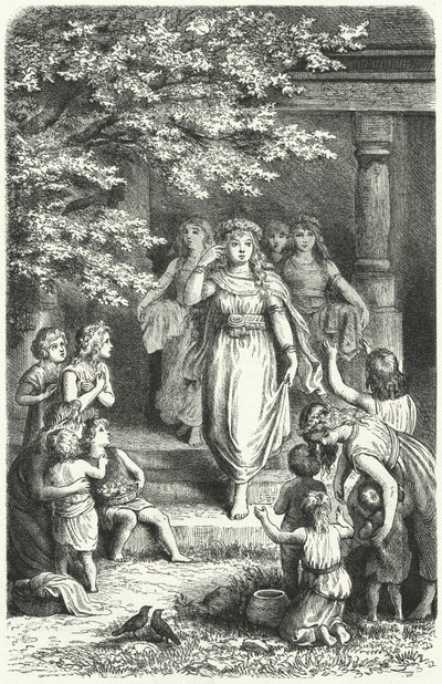 Eostre(Ostara)の祭りを祝うために花輪をつけたドイツの若い女性たち(彫刻) 作： German School