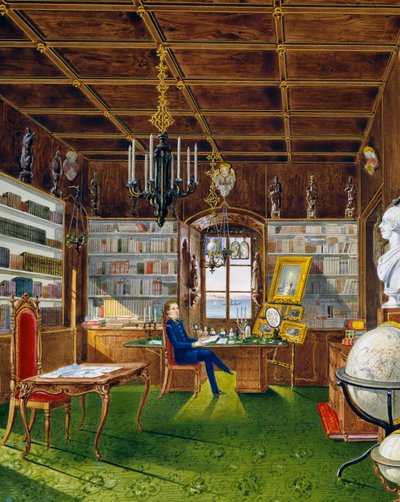 ヴィラ・ラザロヴィッチの図書館、ハプスブルク家のマクシミリアン (1832-1867) のトリエステ邸宅、ゲルマーノ・プロスドミ作のテンペラ 作： Germano Prosdocimi