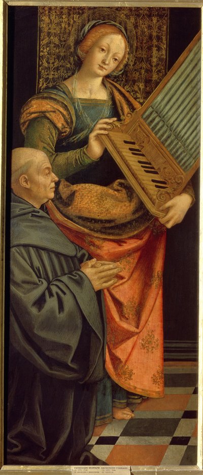 ローマの聖セシリア (3 世紀) (Saint Cecilia)。 オルガンを持ち、その足元には修道士がひざまずいて祈りを捧げています。 Gerolamo Giovenone (1490-1555) による絵画、木にテンペラ、1530 年以降。イタリア美術 (ミラノ) 作： Gerolamo Giovenone