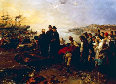 1860年頃、クアルトでの千人の搭乗、ジェロラモ・インドゥーノ（1825-1890）作、キャンバスに油彩 作： Gerolamo Induno