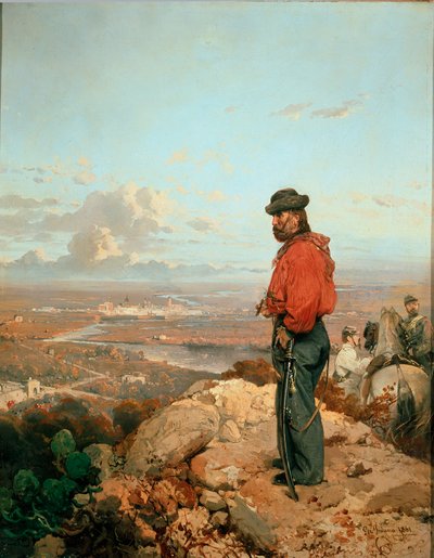 イタリアの統一：「「1860年のカプア（カプア）の前のジュゼッペ・ガリバルディ（1807-1882）の肖像」」ジェロラモ（ジロラモ）インドゥーノ（1825-1890）による絵画、1861年、ミラノのリソルジメント美術館 作： Gerolamo Induno