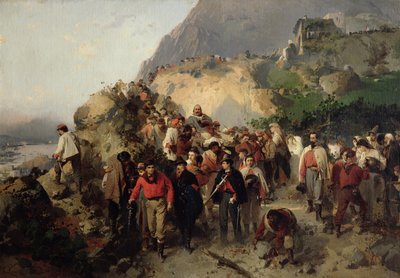 アスプロモンテ山脈の負傷したガリバルディ（1807-82）（キャンバスに油彩） 作： Gerolamo Induno