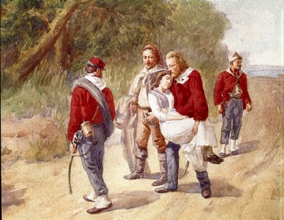 イタリアの愛国者ジュゼッペ・ガリバルディは、1849年にチフスに苦しんでいる妻のアニタをラヴェンナに移送します（水彩） 作： Gerolamo Induno