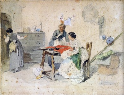 女性が三色旗を作る 作： Gerolamo Induno