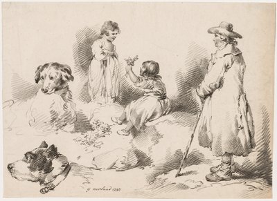 子供の研究 2 人の少女、2 匹の犬、男、1793 年。 作： Gerrard Street J. Harris Soho