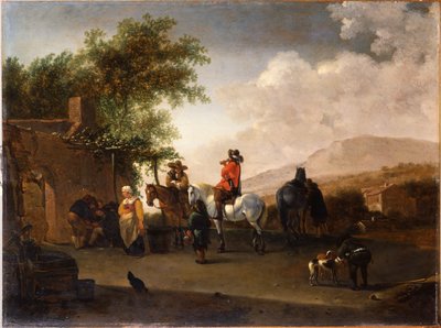 イタリア風の風景の中、山道で軽食を取る乗馬の旅行者 作： Gerrit Adriaensz Berckheyde