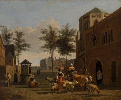 教会の前に人物、ヤギ、荷馬車がいる町の眺め 作： Gerrit Adriaensz. Berckheyde