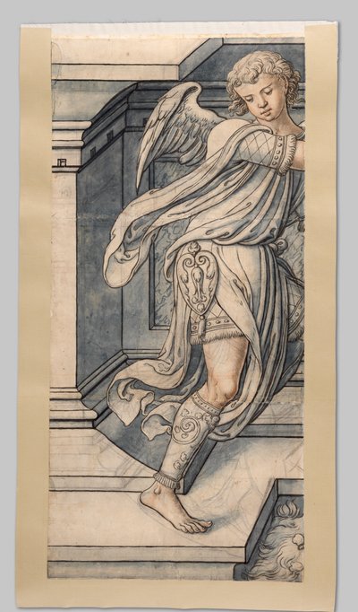 天使。 ヨリス・ヴァン・エグモンド (ユトレヒト司教 1535-1559) によるハールレムのシント・バーフ教会の西側ファサードのステンドグラス窓用の厚紙の破片 作： Gerrit Boels (workshop of)