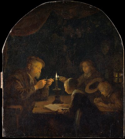 夜間学校、カリフォルニア州。 1655-57。 作： Gerrit Dou
