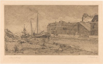 工場に係留されたはしけ 作： Gerrit Haverkamp (signed by artist)