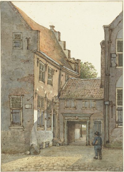ユトレヒトの Kromme Nieuwegracht にあるラテン学校、聖ヒエロニムス学校への入り口の眺め 作： Gerrit Lamberts