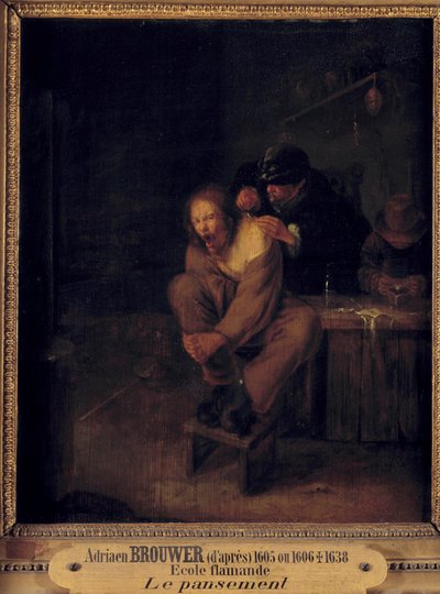 手術（またはドレッシング） 外科医が患者をケアする様子。Adriaen Brouwer（1605/1606-1638）の後にGerrit Lundens（1622-1683）が描いたもの。17世紀の作品。薄い。0.32x0.28 m。 作： Gerrit Lundens
