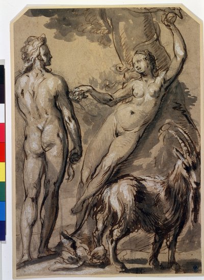 「アダムとイブ」 禁断の果実を摘んでアダムに渡すイブ。 Gerrit Pietersz によるペン画 (1566 年～1616 年頃) 1590 年代後半、モスクワのプーシキン美術館 作： Gerrit Pietersz