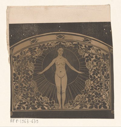 女性と花を描いた 1901 年のカレンダーのフレームのデザイン 作： Gerrit Willem Dijsselhof