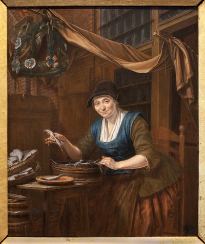 魚屋。 Gerrit Zegelaar (1719-1794) による絵画、木に油彩、18 世紀半ば。 アンジェの美術館。 作： Gerrit Zegelaar